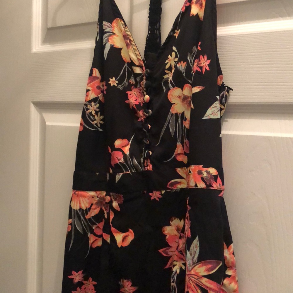 Black and tropical print maxi dress with dual slit